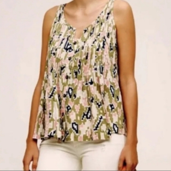 Anthropologie Maeve Ikat Print Pleated Button Front Sleeveless Tank Top Size 0 - Picture 1 of 9